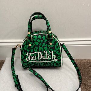 Von dutch green cheetah print bowling style crossbody bag purse